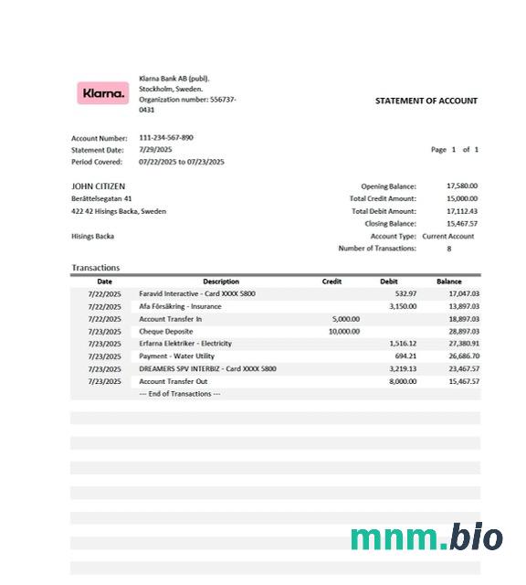 Szwecja Citibank oświadczenie łatwe do wypełnienia szablonu .doc i .format pdf, w pełni edytowalny